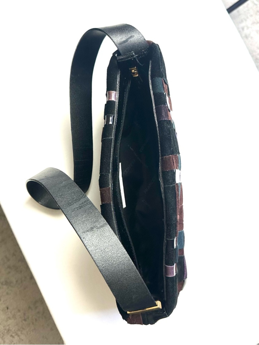 Francesco Biasia Woven Leather Patchwork Shoulder Bag in Black, Purple & Blue - Picture 8 of 11
